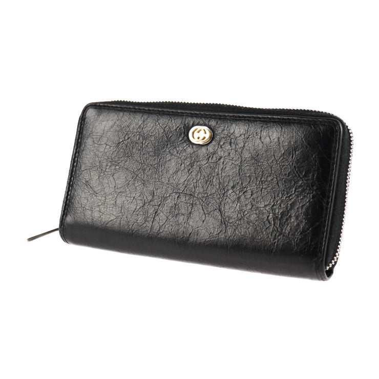 GUCCI グッチ インターロッキングG 長財布 575988 レザー ブラック ゴールド金具 シルバー金具 ラウンドファスナー シワ加工