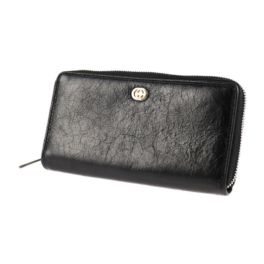 GUCCI グッチ インターロッキングG 長財布 575988 レザー ブラック ゴールド金具 シルバー金具 ラウンドファスナー シワ加工