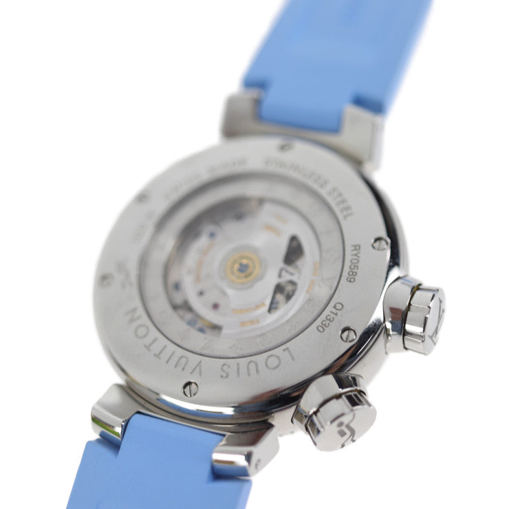 超美品 LOUIS VUITTON ルイ ヴィトン タンブール ダイビング オートマティック 腕時計 Q1330 ステンレススチール ダイヤモンド ラバー シルバー ブルーシェル文字盤 ブルー ビトン 自動巻き