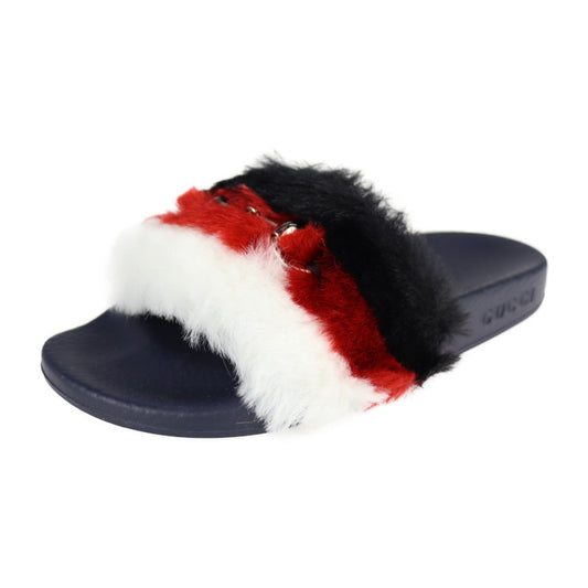 新品未使用展示品 GUCCI グッチ ホースビット サンダル 526176 ＃30 フェイクファー ラバー ネイビー 黒 赤 白 ゴールド金具 参考サイズ19cm キッズ