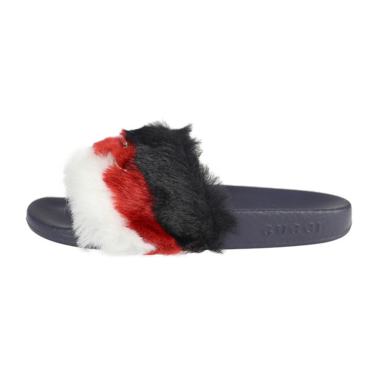 新品未使用展示品 GUCCI グッチ ホースビット サンダル 526176 ＃30 フェイクファー ラバー ネイビー 黒 赤 白 ゴールド金具 参考サイズ19cm キッズ