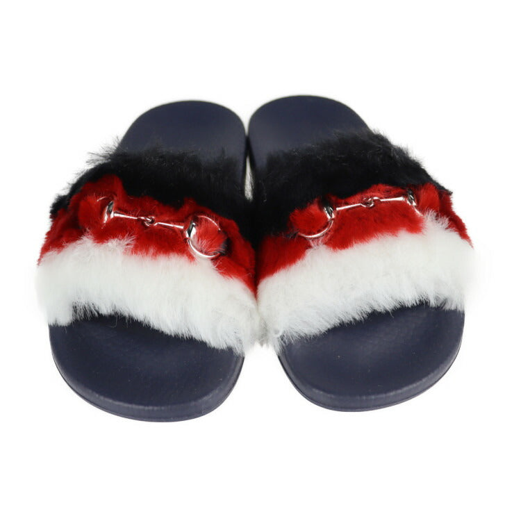 新品未使用展示品 GUCCI グッチ ホースビット サンダル 526176 ＃30 フェイクファー ラバー ネイビー 黒 赤 白 ゴールド金具 参考サイズ19cm キッズ