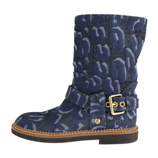 超美品 LOUIS VUITTON ルイ ヴィトン シューズ ブーツ - 表記サイズ 34 デニム ネイビー ハーフブーツ レオパード 豹柄 参考サイズ 21.5cm ビトン ベルト