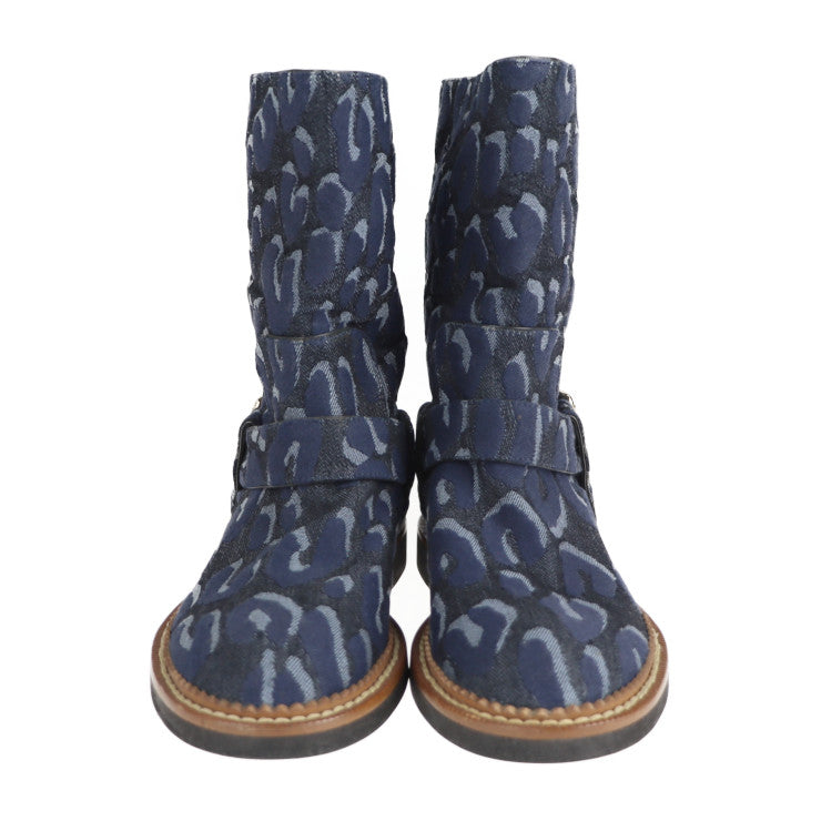 超美品 LOUIS VUITTON ルイ ヴィトン シューズ ブーツ - 表記サイズ 34 デニム ネイビー ハーフブーツ レオパード 豹柄 参考サイズ 21.5cm ビトン ベルト