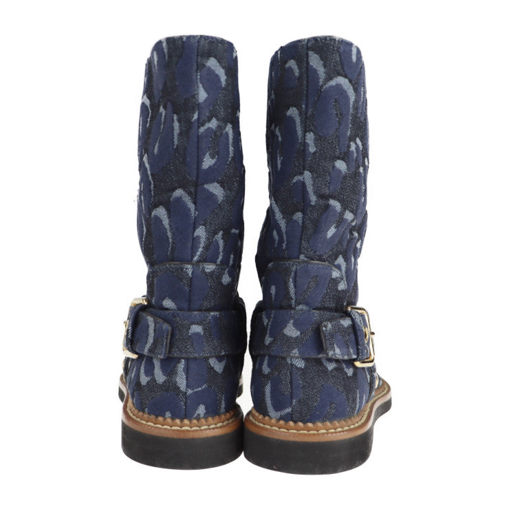 超美品 LOUIS VUITTON ルイ ヴィトン シューズ ブーツ - 表記サイズ 34 デニム ネイビー ハーフブーツ レオパード 豹柄 参考サイズ 21.5cm ビトン ベルト