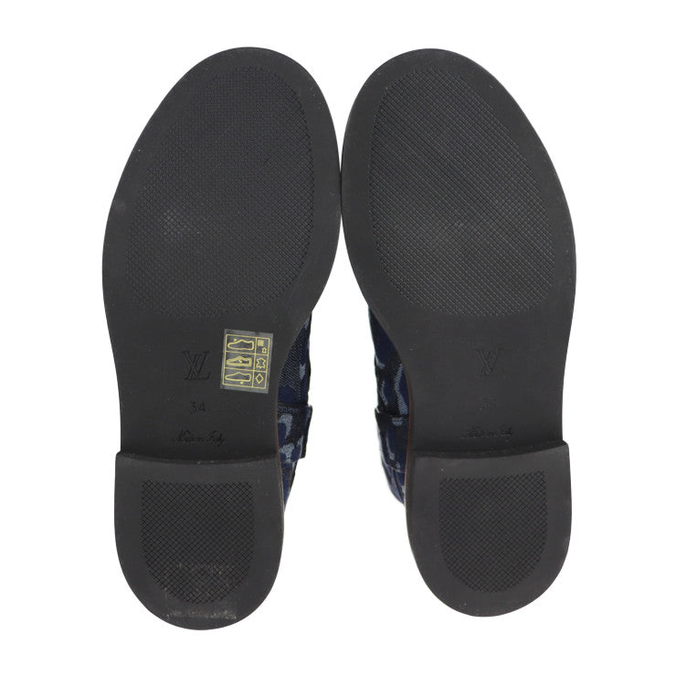 超美品 LOUIS VUITTON ルイ ヴィトン シューズ ブーツ - 表記サイズ 34 デニム ネイビー ハーフブーツ レオパード 豹柄 参考サイズ 21.5cm ビトン ベルト