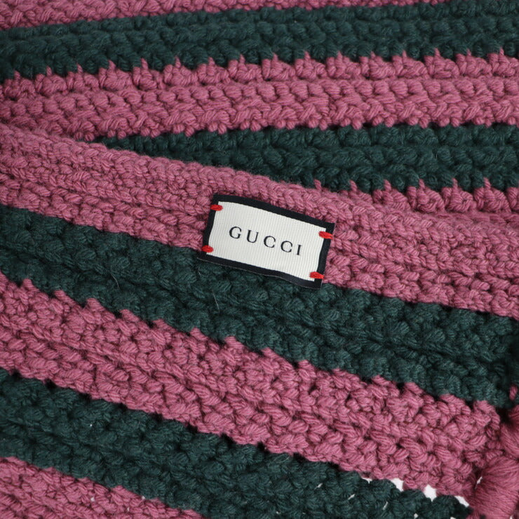 新古未使用展示品 GUCCI グッチ マフラー 486216 ウール カシミヤ ナイロン ピンク系 グリーン ケーブル編み ストライプ ロング フリンジ