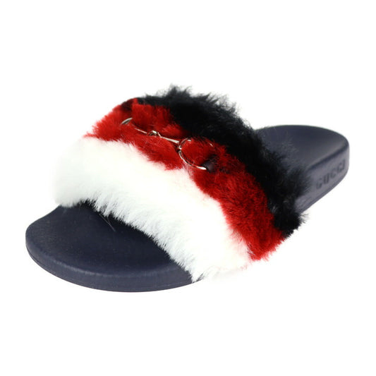 新品未使用展示品 GUCCI グッチ ホースビット サンダル 526176 ＃29 ラバー フェイクファー トリコロール ゴールド金具 子供用 参考サイズ18.5cm