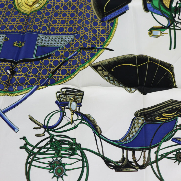 HERMES エルメス LES VOITURES A TRANSFORMATION 折りたたみ式幌の馬車 カレ90 スカーフ シルク ブルー ホワイト マルチカラー