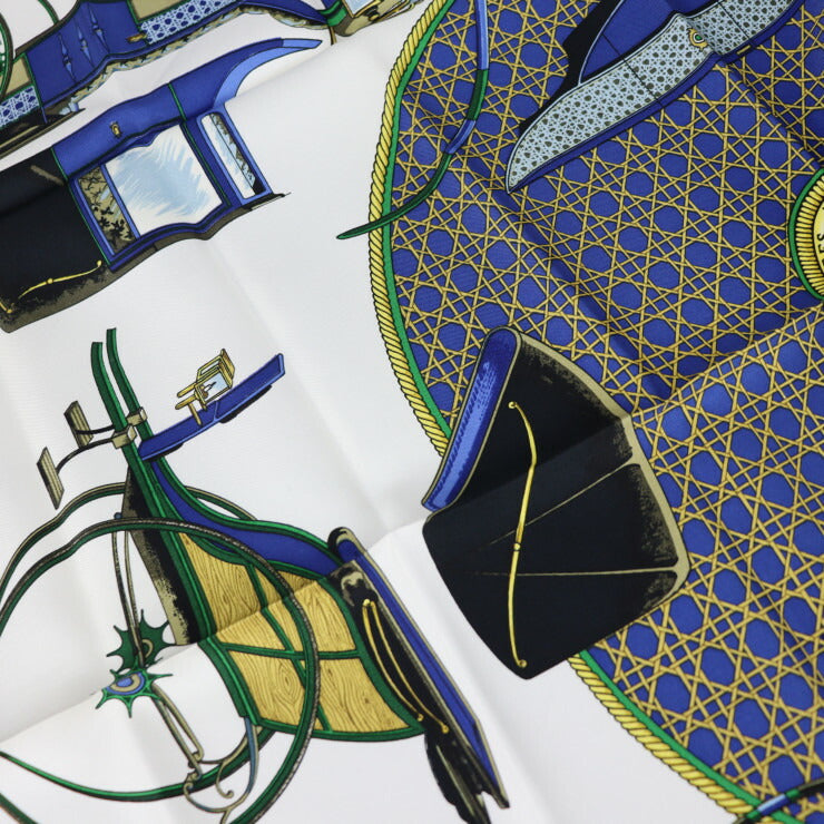 HERMES エルメス LES VOITURES A TRANSFORMATION 折りたたみ式幌の馬車 カレ90 スカーフ シルク ブルー ホワイト マルチカラー