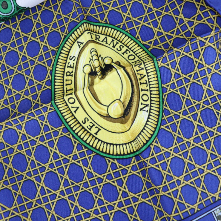 HERMES エルメス LES VOITURES A TRANSFORMATION 折りたたみ式幌の馬車 カレ90 スカーフ シルク ブルー ホワイト マルチカラー