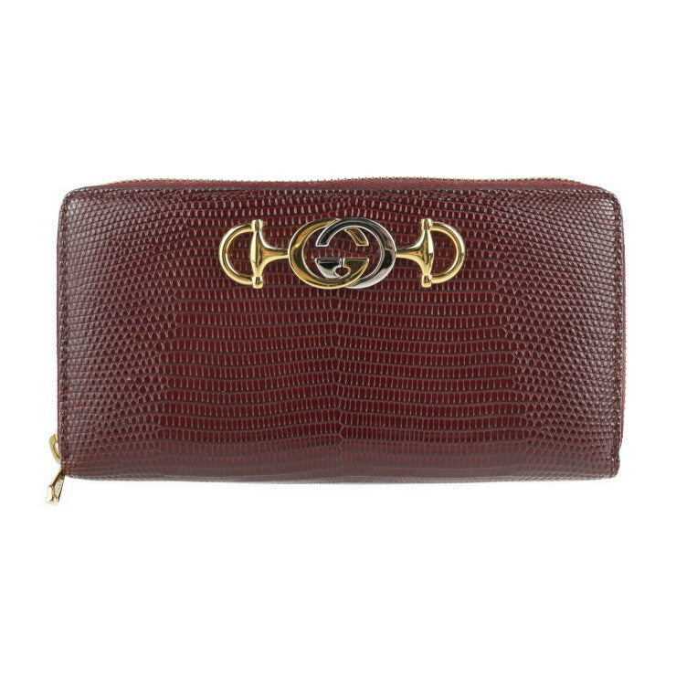 超美品 GUCCI グッチ ズゥミ 長財布 570661 リザード ボルドー レッド系 ロングウォレット ラウンドファスナー ジップアラウンド シルバー ゴールド金具