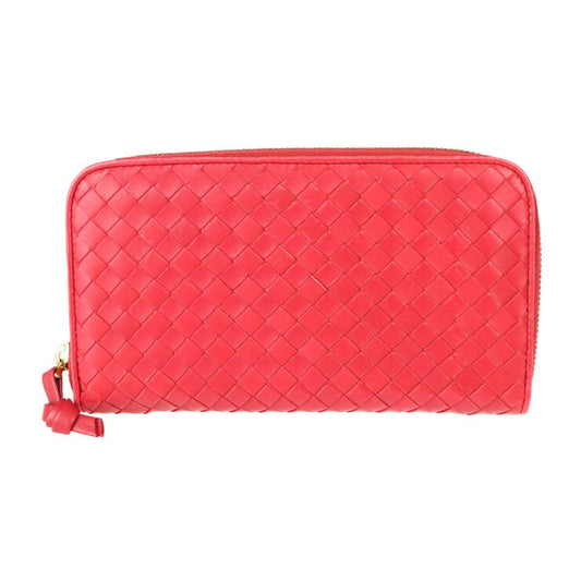 美品 BOTTEGAVENETA ボッテガヴェネタ イントレチャート 長財布 114076 レザー レッド系 ラウンドファスナー