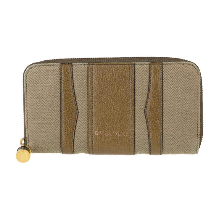 美品 BVLGARI ブルガリ ビーゼロワン 長財布 33775 キャンバス レザー ブラウン カーキ ゴールド金具 ラウンドファスナー