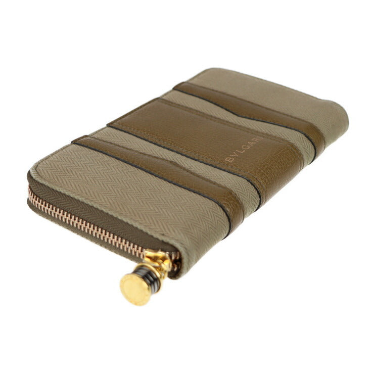美品 BVLGARI ブルガリ ビーゼロワン 長財布 33775 キャンバス レザー ブラウン カーキ ゴールド金具 ラウンドファスナー