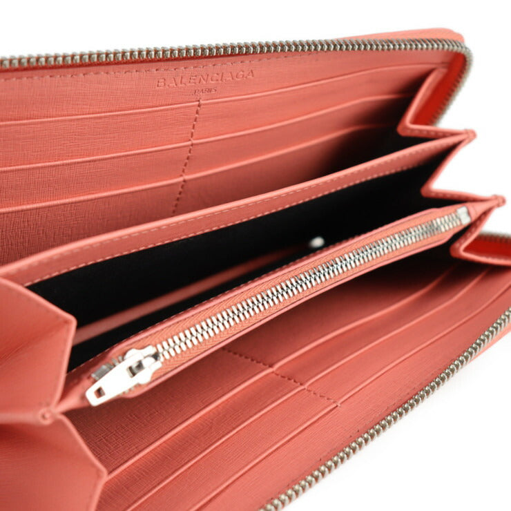 超美品 BALENCIAGA バレンシアガ エッセンシャル 長財布 519641 レザー サーモンピンク系 シルバー金具 ラウンドファスナー