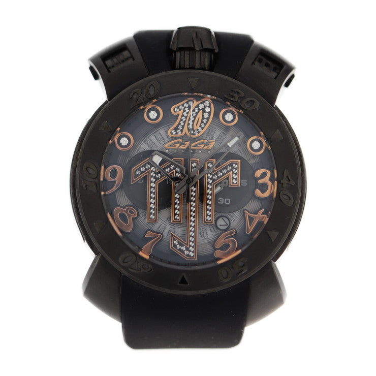 美品 Gaga Milano ガガミラノ ネイマールモデル マニュアーレ48 MANUALE 48MM 腕時計 8012.NJ.01 ステンレススチール ラバー ブラック 黒文字盤 クォーツ 世界限定500本