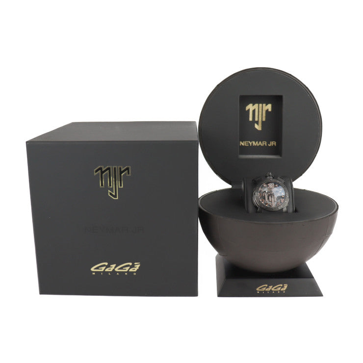 美品 Gaga Milano ガガミラノ ネイマールモデル マニュアーレ48 MANUALE 48MM 腕時計 8012.NJ.01 ステンレススチール ラバー ブラック 黒文字盤 クォーツ 世界限定500本