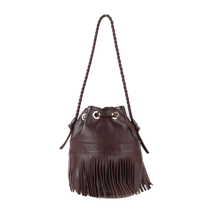 美品 J&M Davidson ジェイアンドエムデヴィッドソン カーニバルM ショルダーバッグ - レザー ブラウン ゴールド金具 フリンジ 巾着