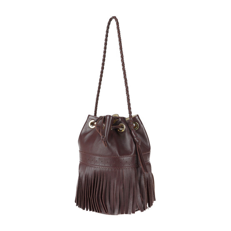 美品 J&M Davidson ジェイアンドエムデヴィッドソン カーニバルM ショルダーバッグ - レザー ブラウン ゴールド金具 フリンジ 巾着