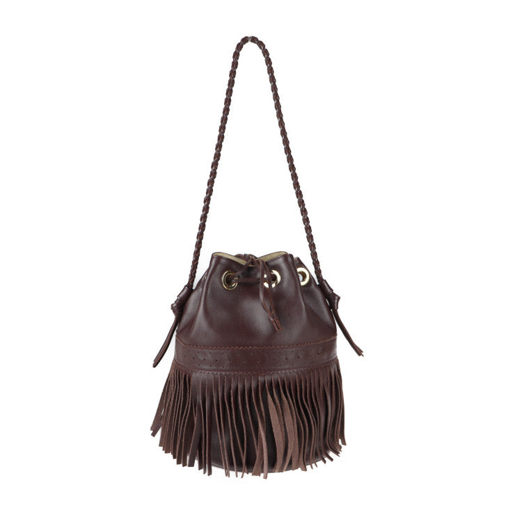 美品 J&M Davidson ジェイアンドエムデヴィッドソン カーニバルM ショルダーバッグ - レザー ブラウン ゴールド金具 フリンジ 巾着