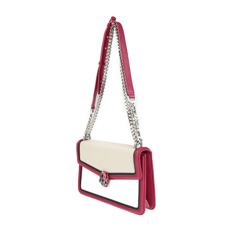 BVLGARI ブルガリ セルペンティ ダイヤモンド ブラスト ショルダーバッグ - レザー フューシャ系 アイボリー ブラック キルティング チェーンショルダー スネークヘッドモチーフ シルバー金具