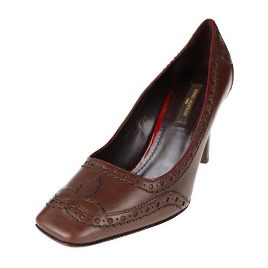 LOUIS VUITTON ルイ ヴィトン パンプス パンプス ＃34 1/2 レザー ブラウン ウィングチップ スクエアトゥ ピンヒール ハイヒール 参考サイズ22cm