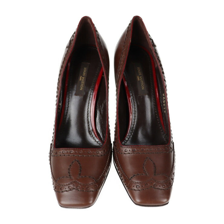 LOUIS VUITTON ルイ ヴィトン パンプス パンプス ＃34 1/2 レザー ブラウン ウィングチップ スクエアトゥ ピンヒール ハイヒール 参考サイズ22cm