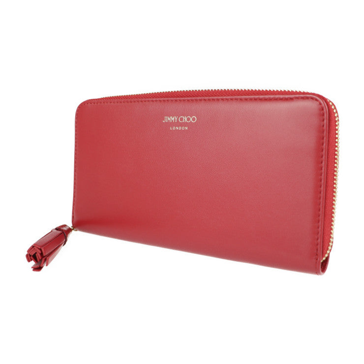 新品未使用展示品 JIMMY CHOO ジミーチュウ ATHINI ZIP 長財布 - レザー レッド ゴールド金具 ラウンドファスナー タッセル
