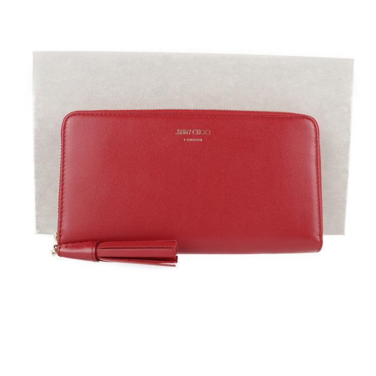 新品未使用展示品 JIMMY CHOO ジミーチュウ ATHINI ZIP 長財布 - レザー レッド ゴールド金具 ラウンドファスナー タッセル