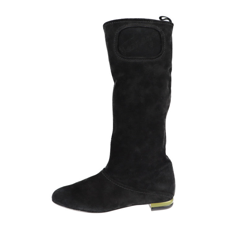 美品 Salvatore Ferragamo サルヴァトーレ フェラガモ ロングブーツ 455224 ＃5C スウェード ブラック 参考22.5cm ロゴ スエード