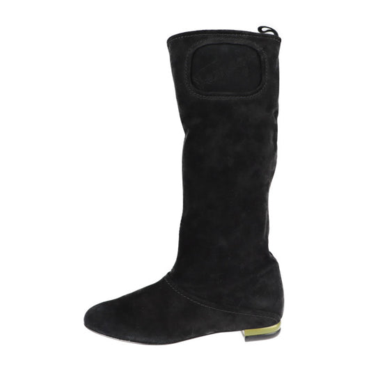 美品 Salvatore Ferragamo サルヴァトーレ フェラガモ ロングブーツ 455224 ＃5C スウェード ブラック 参考22.5cm ロゴ スエード