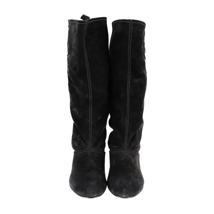 美品 Salvatore Ferragamo サルヴァトーレ フェラガモ ロングブーツ 455224 ＃5C スウェード ブラック 参考22.5cm ロゴ スエード