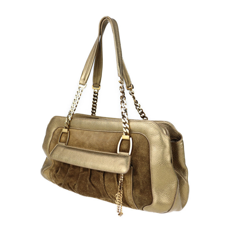 美品 CARTIER カルティエ ラドーニャ ショルダーバッグ L1000804 スウェード レザー ゴールド系 ゴールド金具 スエード チェーン