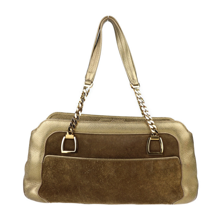 美品 CARTIER カルティエ ラドーニャ ショルダーバッグ L1000804 スウェード レザー ゴールド系 ゴールド金具 スエード チェーン