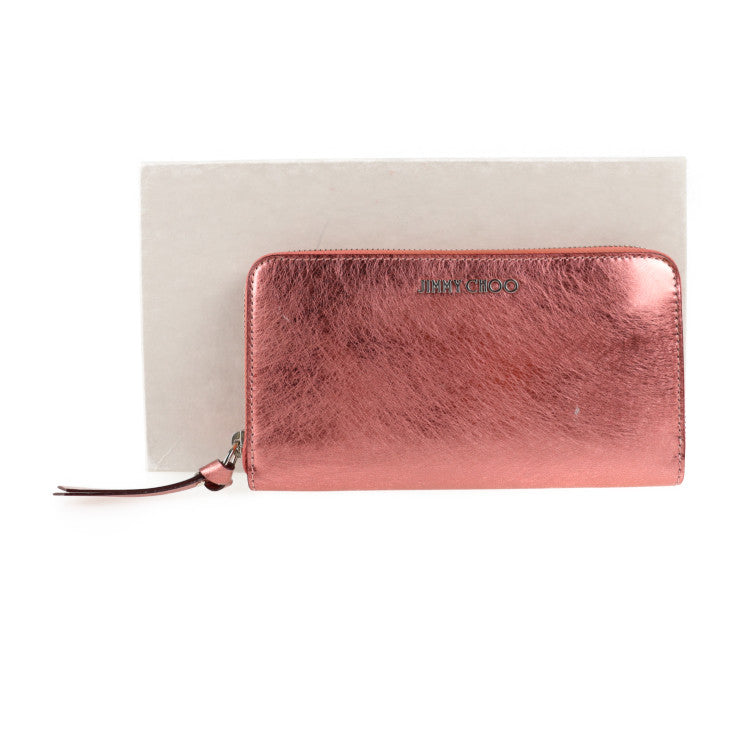超美品 JIMMY CHOO ジミーチュウ PIPPA ピッパ 長財布 - レザー ピンク メタリック シルバー金具 ラウンドファスナー
