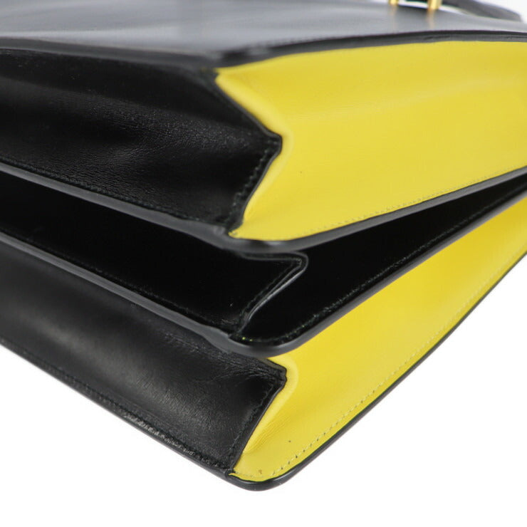 美品 PRADA プラダ ターンロック ハンドバッグ B2725C ボックスカーフ ブラック イエロー ゴールド金具