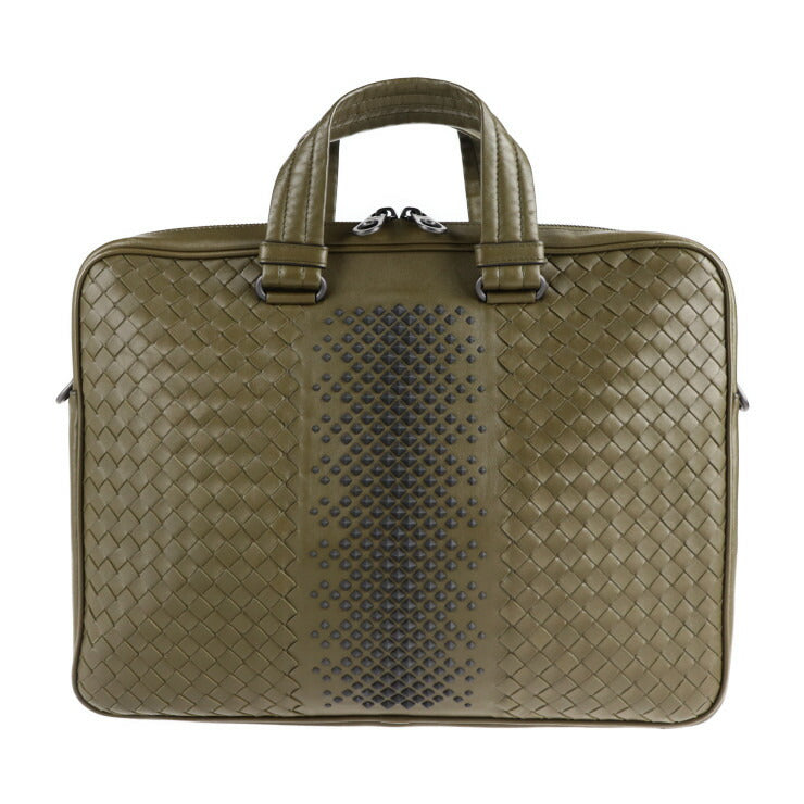 美品 BOTTEGAVENETA ボッテガヴェネタ イントレチャート ビジネスバッグ 533761 VBLZ22 374 ラムスキン ナッパレザー オリーブ系 2WAY ブリーフケース スタッズ 紳士鞄 書類かばん