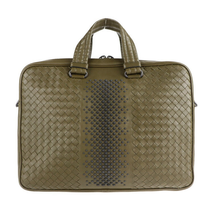 美品 BOTTEGAVENETA ボッテガヴェネタ イントレチャート ビジネスバッグ 533761 VBLZ22 374 ラムスキン ナッパレザー オリーブ系 2WAY ブリーフケース スタッズ 紳士鞄 書類かばん