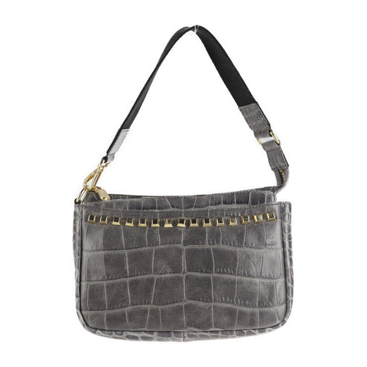 美品 ADMJ エーディーエムジェイ ショルダーバッグ ハンドバッグ クロコ型押しレザー グレー系 ゴールド金具 2WAY クラッチバッグ アクセサリーポーチ スタッズ