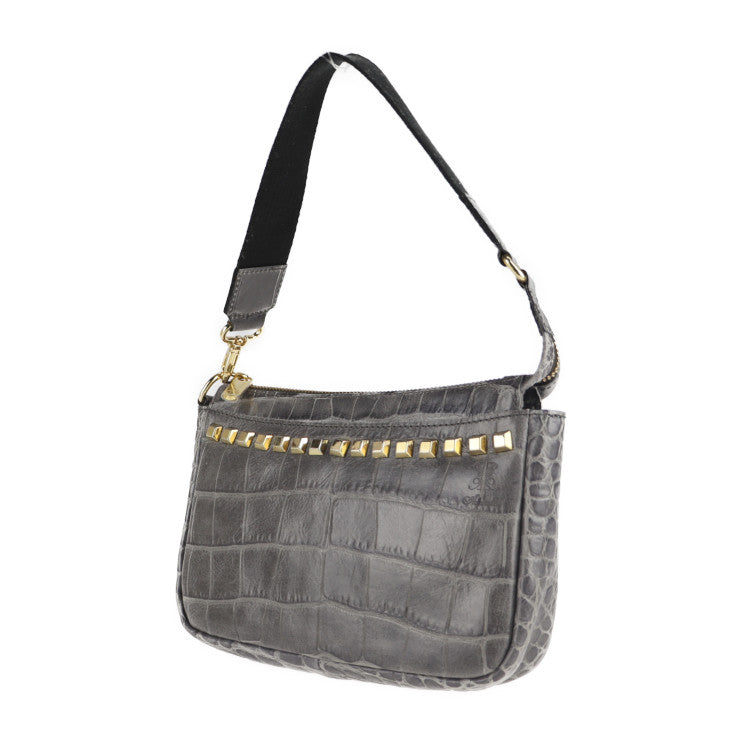 美品 ADMJ エーディーエムジェイ ショルダーバッグ ハンドバッグ クロコ型押しレザー グレー系 ゴールド金具 2WAY クラッチバッグ アクセサリーポーチ スタッズ