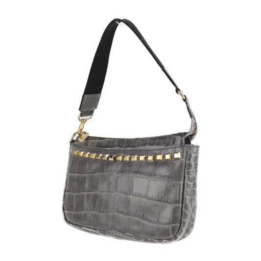 美品 ADMJ エーディーエムジェイ ショルダーバッグ ハンドバッグ クロコ型押しレザー グレー系 ゴールド金具 2WAY クラッチバッグ アクセサリーポーチ スタッズ