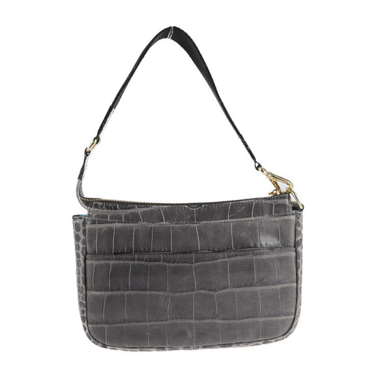 美品 ADMJ エーディーエムジェイ ショルダーバッグ ハンドバッグ クロコ型押しレザー グレー系 ゴールド金具 2WAY クラッチバッグ アクセサリーポーチ スタッズ