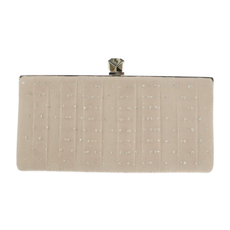 超美品 JIMMY CHOO ジミーチュウ セレステ クラッチバッグ 183 CELESTE キャンバス ピンクベージュ系 ゴールド金具 がま口 チェーン 2WAY ショルダーバッグ パーティ