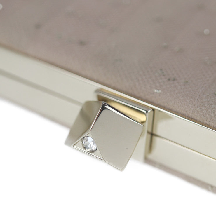 超美品 JIMMY CHOO ジミーチュウ セレステ クラッチバッグ 183 CELESTE キャンバス ピンクベージュ系 ゴールド金具 がま口 チェーン 2WAY ショルダーバッグ パーティ