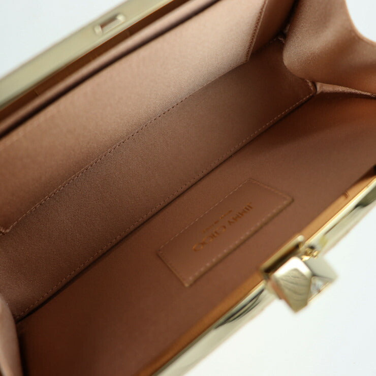 超美品 JIMMY CHOO ジミーチュウ セレステ クラッチバッグ 183 CELESTE キャンバス ピンクベージュ系 ゴールド金具 がま口 チェーン 2WAY ショルダーバッグ パーティ