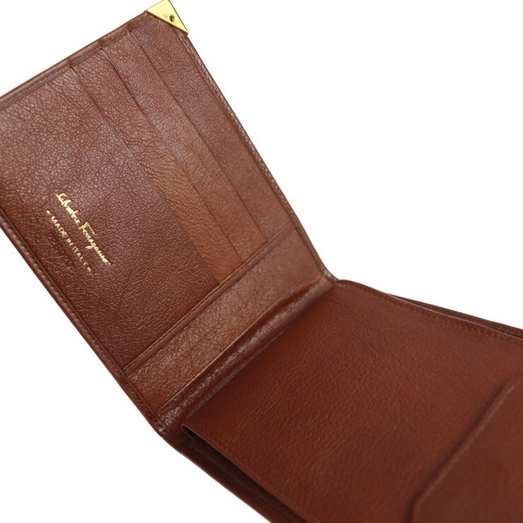 超美品 Salvatore Ferragamo サルヴァトーレ フェラガモ 札入れ 二つ折り財布 22 6020 レザー ブラウン ゴールド金具 F金具