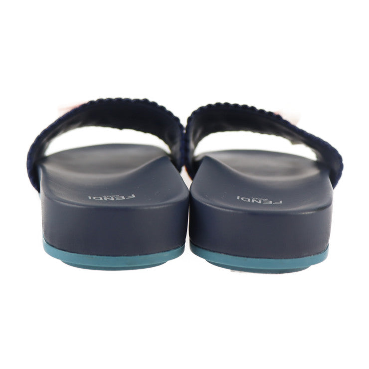 新品未使用展示品 FENDI フェンディ スライドサンダル サンダル ＃37 キャンバス レザー ラバー ネイビー レッド ホワイト フラット スリッパ リボン 参考サイズ 24.0cm