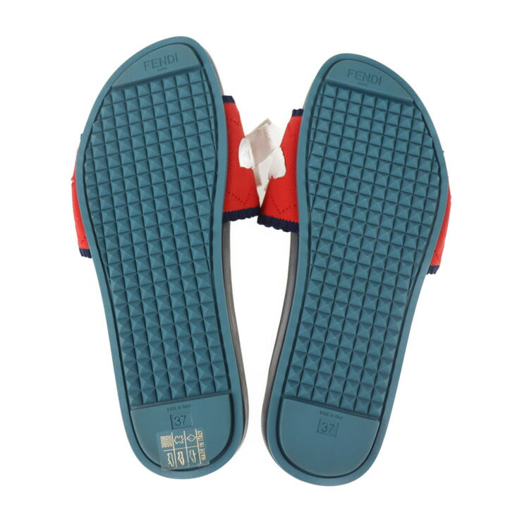 新品未使用展示品 FENDI フェンディ スライドサンダル サンダル ＃37 キャンバス レザー ラバー ネイビー レッド ホワイト フラット スリッパ リボン 参考サイズ 24.0cm
