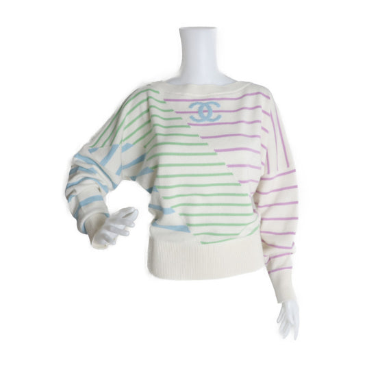 美品 CHANEL シャネル ココマーク セーター P62885K 48446 表記サイズ 38 カシミヤ アイボリー マルチカラー ニット ボーダー ドルマンスリーブ プルオーバー